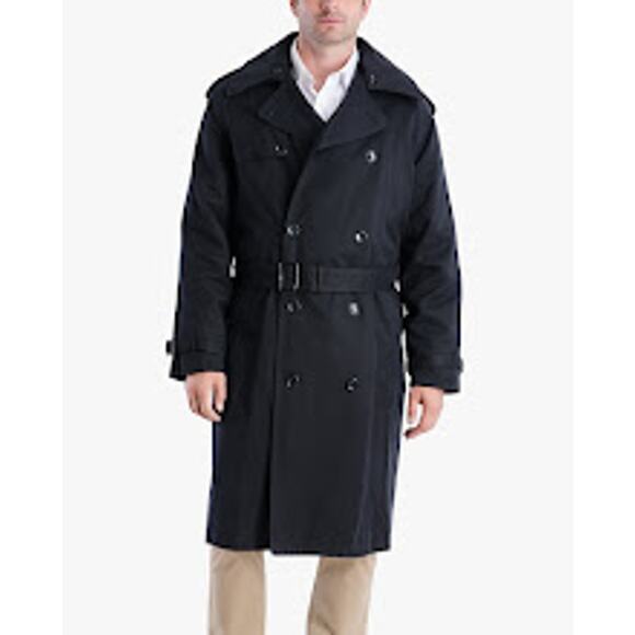 NWT London Fog Double Breasted Black Collared Belted Mens Trench Coat 42L - Picture 1 of 12